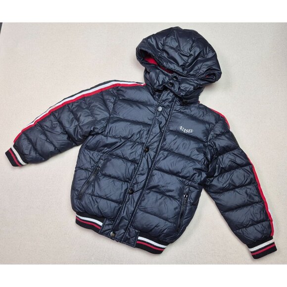 Diesel Kids Hooded Blue Puffer Down Jacket Full Zip & Snap Winter Coat Sz YM 8 - Picture 1 of 9